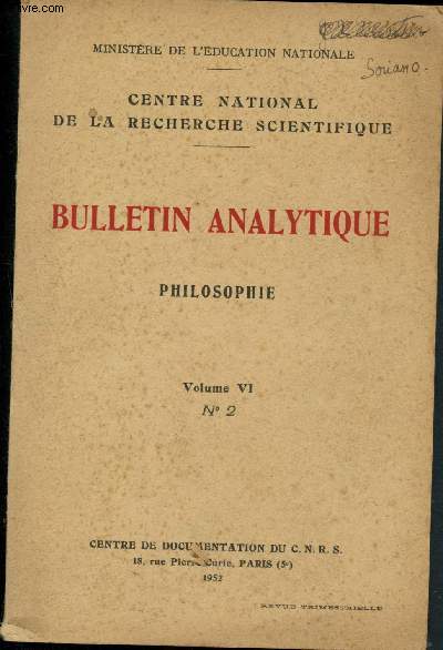 Centre National de la recherche scientifique - Bulletin Analytique - Philosophie - Volume VI - N