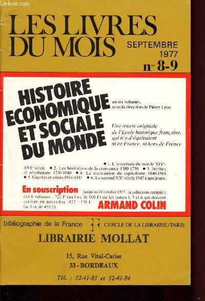Les livres du mois - Librairie Mollat - Bordeaux : N8-9 Septembre 1977 : table mensuelle des nouveauts parues entre le 21 Juillet et le 21 septembre 1977