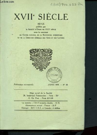 XVIIe sicle n88 - Anne 1970 : La vogue des vers mls dans la posie du XVIIe sicle, par W.th. Elwert - L'autre version dramatique de 