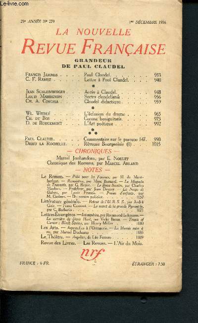 La nouvelle Revue Franaise -25e anne - N279 - 1er Dcembre 1936 : Grandeur de Paul Claudel