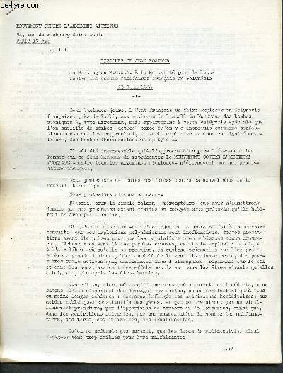 Discours de jean rostand au meeting du M.C.A.A. a la mutualit pour la lutte contre les essais nuclaires franais en polynsie - 23 juin 1966 - Mouvement contre l'armement atomique