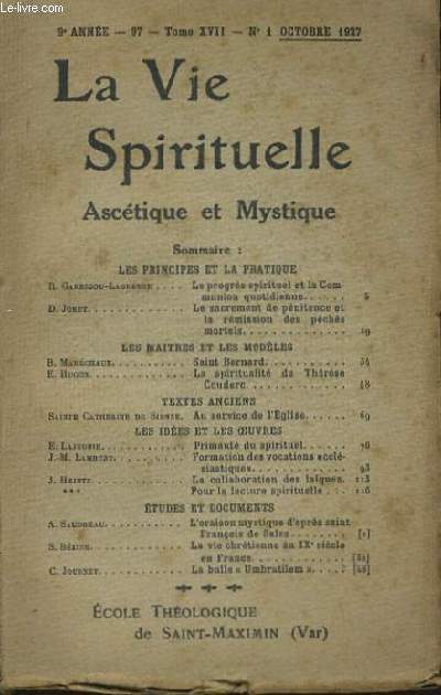 LA VIE SPIRITUELLE Asctique & Mystique Tome XVII 9e anne Octobre - Mars
