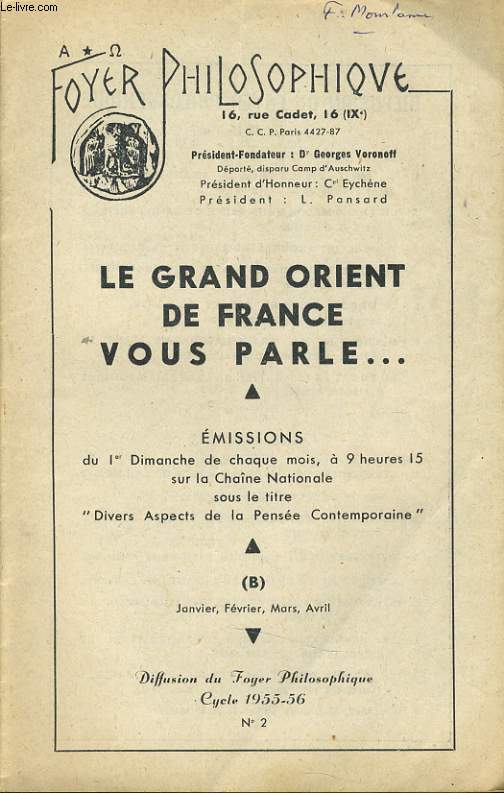 FOYER PHILOSOPHIQUE n2 cycle 1955-56 (janvier, fvrier, mars, avril) - Le grand Orient de France vous parle...