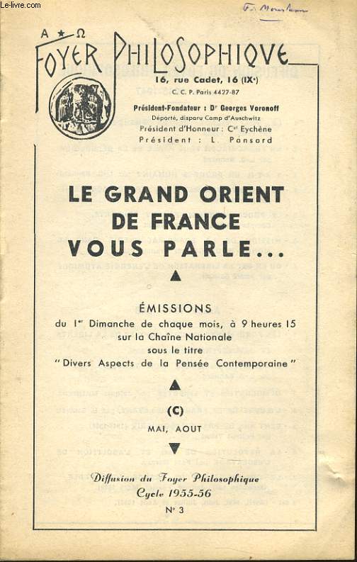 FOYER PHILOSOPHIQUE n3 cycle 1955-56 (mai, aot) - Le grand Orient de France vous parle...