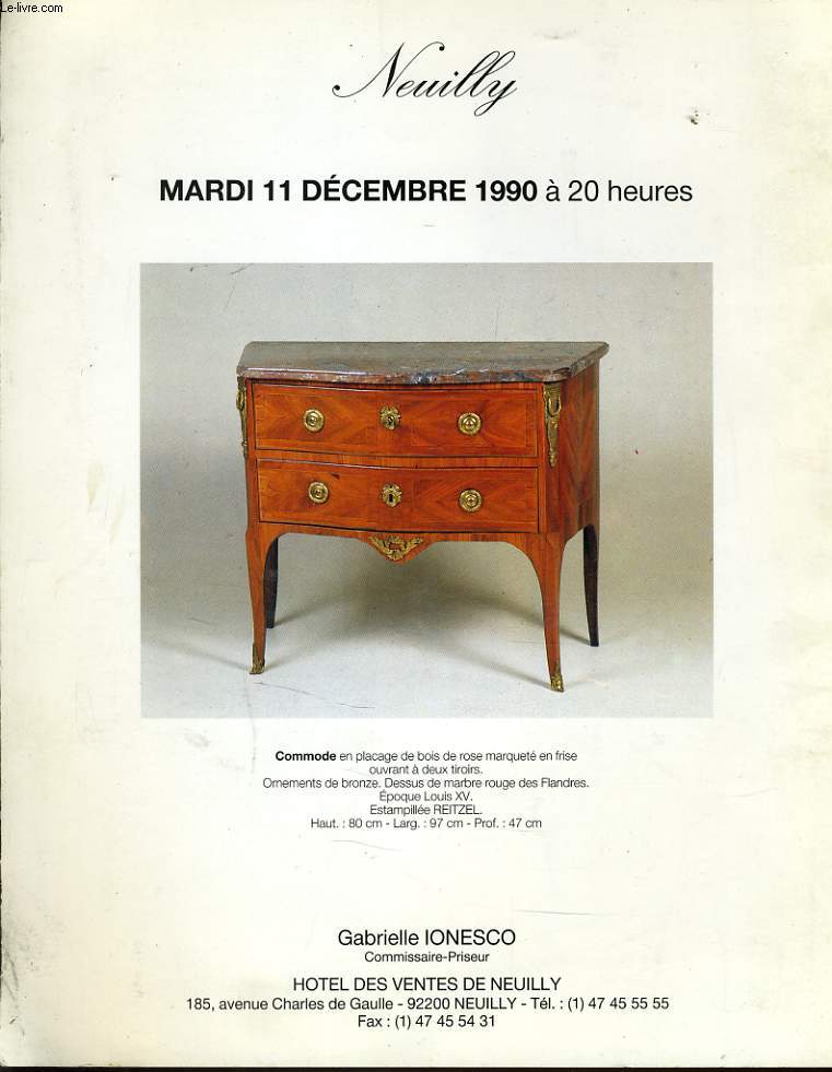 CATALOGUE DE VENTE AUX ENCHERES : Commode, sculpture le 11 decembre 1990  l'hotel des ventes de Neuilly
