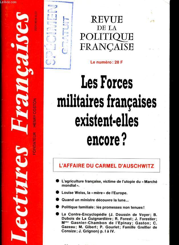 REVUE DE LA POLITIQUE FRANCAISE n461 : Les forces militaires franaises existent-elles encore?, l'affaire du Carmel D'Auschwitz