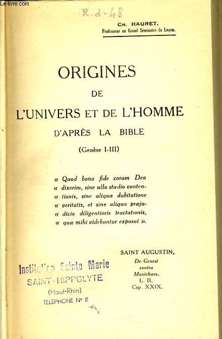 ORIGINES DE L'UNIVERS ET DE L'HOMME d'aprs la bible (gense I-III)