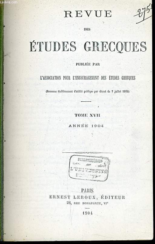 REVUE DES ETUDES GRECQUES tome XVII