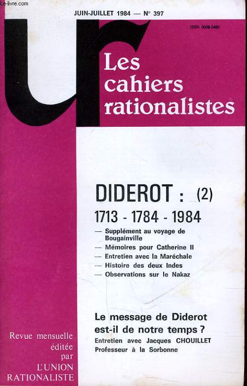 LES CAHIERS RATIONALISTES N397 - DIDEROT (2) 1713 1784 1984 - LE MESSAGE DE DIDEROT EST IL DE NOTRE TEMPS