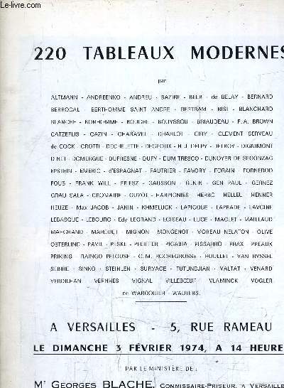 CATALOGUE VENTES AUX ENCHERES - 220 TABLEAUX MODERNES - A VERSAILLES 3 FEVRIER 1974 A 14H.