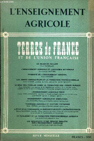 REVUE MENSUELLE TERRES DE FRANCE ET DE L'UNION FRANCAIS L'ENSEIGNEMENT AGRICOLE N10 1954.