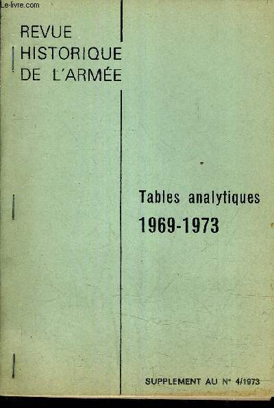REVUE HISTORIQUE DE L'ARMEE - TABLES ANALYTIQUES 1969 - 1973 - SUPPLEMENT AU N4/1973.