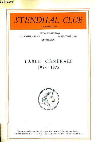 STENDHAL CLUB - NOUVELLE SERIE - 23E ANNEE N89 - 15 OCTOBRE 1980 - SUPPLEMENT - TABLE GENERALE 1958-1978.