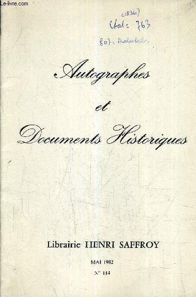 AUTOGRAPHES ET DOCUMENTS HISTORIQUES - N 114 MAI 1982 - LIBRAIRIE HENRI SAFFROY - REFERENCE DE 739 A 846.