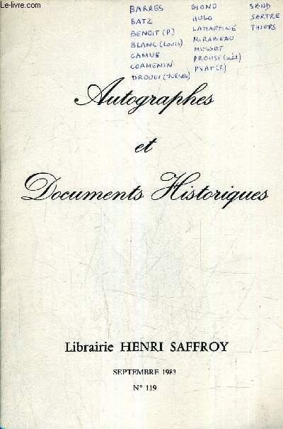 AUTOGRAPHES ET DOCUMENTS HISTORIQUES - N119 SEPTEMBRE 1983 - LIBRAIRIE HENRI SAFFROY - REFERENCE DE 1331 A 1458.