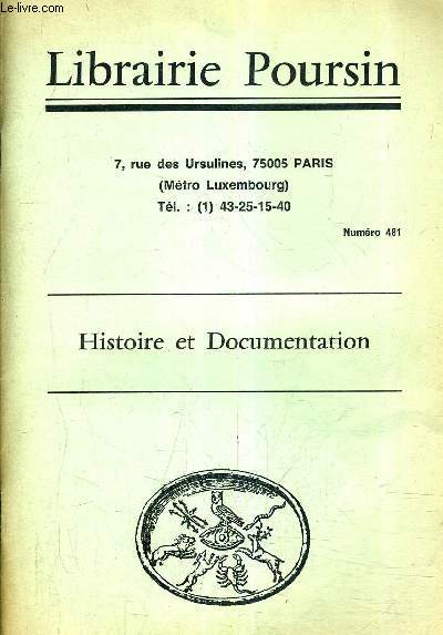 CATALOGUE LIBRAIRIE POURSIN - HISTOIRE ET DOCUMENTATION.