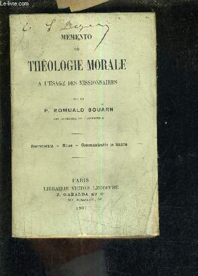MEMENTO DE THEOLOGIE MORALE A L'USAGE DES MISSIONNAIRES - SACREMENTS RITES COMMUNICATIO IN SACRIS.