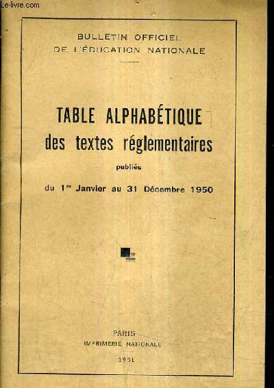 TABLE ALHABETIQUE DES TEXTES REGLEMENTAIRES PUBLIES DU 1ER JANVIER AU 31 DECEMBRE 1950.