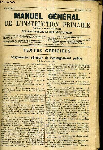 MANUEL GENERAL DE L'INSTUCTION PRIMAIRE JOURNAL HEBDOMADAIRE DES INSTITEURS ET DES INSTITUTRCES N1 + 2 + 4 + 5 + 8 + 9 + 10 + 11 + 12 - ANNEE 1941 109E ANNEE - INCOMPLET.