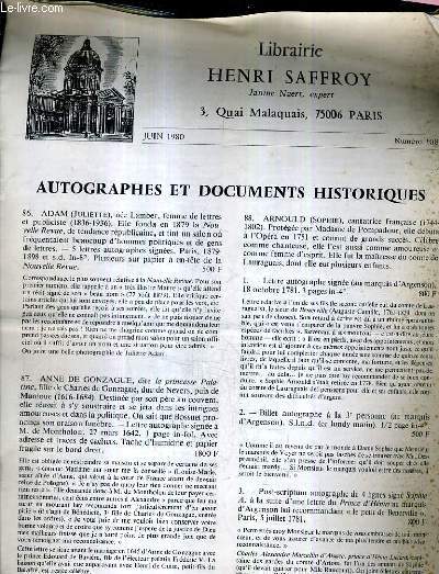 LIBRARIE HENRI SAFFROY JUIN 1980 NUMERO 108 - AUTOGRAPHES ET DOCUMENTS HISTORIQUES.