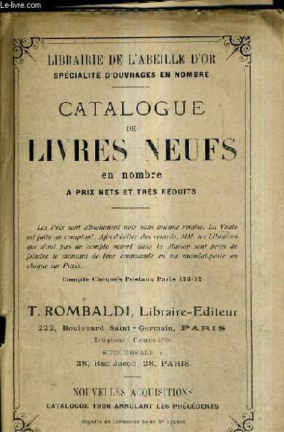 CATALOGUE DE LA LIBRAIRIE T.ROMBALDI - CATALOGUE DE LIVRES NEUFS EN NOMBRE A PRIX NETS ET TRES REDUITS - CATALOGUE DE 1926.