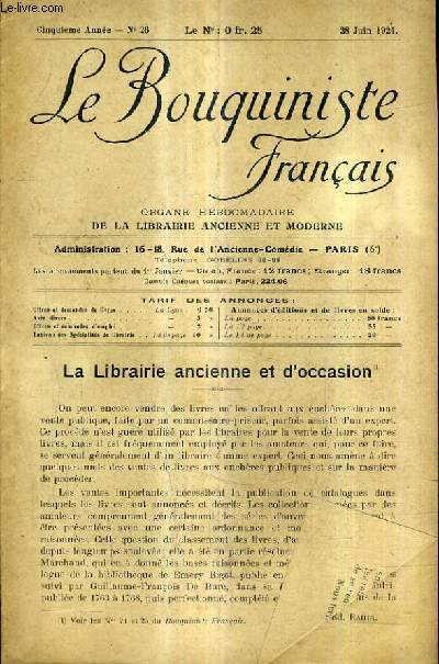 LE BOUQUINISTE FRANCAIS N26 5E ANNEE - 28 JUIN 1924 - la librairie ancienne et d'occasion - ouvrages d'occasion offres - demandes.