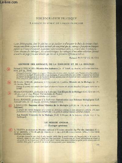 BIBLIOGRAPHIE ZOOLOGIQUE DES OUVRAGES EN LANGUE FRANCAISE EN VENTE EN 1953.