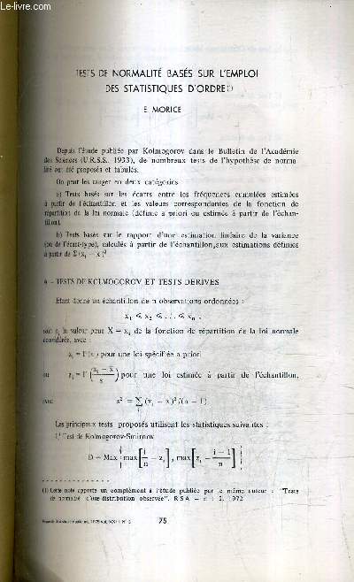 TESTS DE NORMALITE BASES SUR L'EMPLOI DES STATISTIQUES D'ORDRE - TIRE A PART REVUE DE STATISTIQUE APPLIQUEE 1975 VOL XXIII N3.