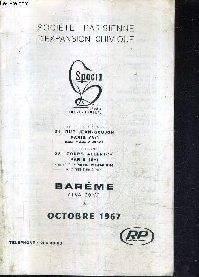SOCIETE PARISIENNE D'EXPANSION CHIMIQUE SPECIA RHONE POULENC - BAREME TVA 20% OCTOBRE 1967.