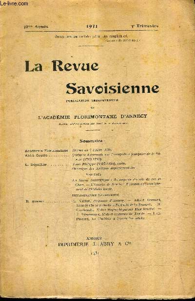 LA REVUE SAVOISIENNE 72EME ANNEE 1931 3E TRIMESTRE - quelques documents sur l'occupation franaise de la savoie - la savoie scientifique sauvegarde du site du roc de chre - l'histoire de savoie  propos de l'enseignement de l'histoire locale etc.