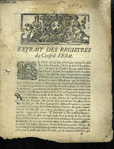 EXTRAIT DES REGISTRES DU CONSEIL D'ETAT DU ROI LE 20 OCTOBRE 1663