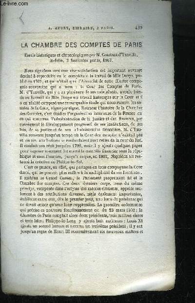 EXTRAIT BULLETIN DU BOUQUINISTE - VARIETE BIBLIOGRAPHIQUES - LA CHAMBRE DES COMPTES DE PARIS ESSAIS HISTORIQUES ET CHRONOLOGIQUES PAR M. CONSTANT D'YVANVILLE