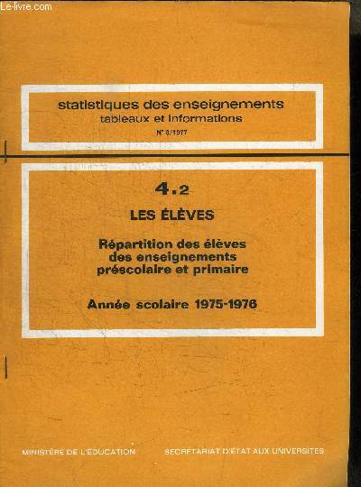 STATISTIQUES DES ENSEIGNEMENTS - TABLEAUX ET INFORMATIONS N8/1977 - 4.2 LES ELEVES - REPARTITION DES ELEVES DES ENSEIGNEMENTS PRESCOLAIRE ET PRIMAIRE - ANNEE SCOLAIRE 1975-1976