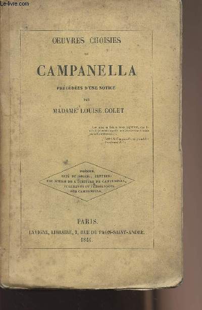 Oeuvres choisies de Campanella prcdes d'une notice de Madame Louise Colet