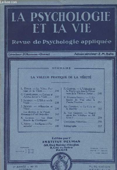 La psychologie et la vie - Revue de psychologie applique - 5e anne n10 octobre 1931