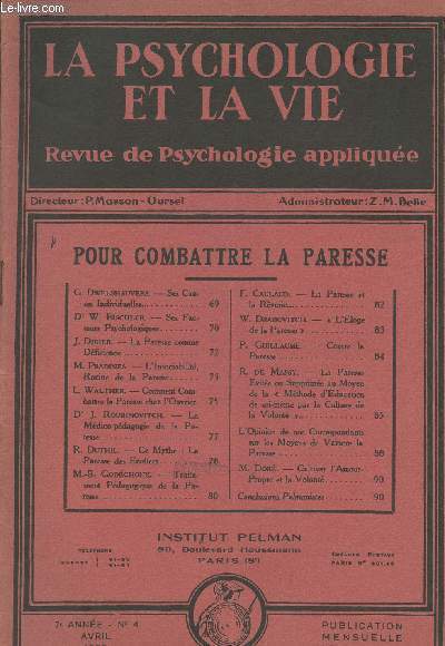 La psychologie et la vie - Revue de psychologie applique -7e anne n 4 avil 1933