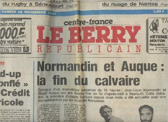 Le Berry Rpublicain - Centre-France n12748 - sam. 28 nov. 87 - Normandin et Auque: la fin du calvaire - Lignires: Hold-up 
