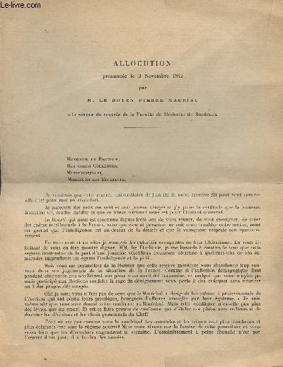 Allocution prononce le 3 novembre 1942 par M. Le doyen Pierre Mauriac  la sance de rentre de la Facult de Mdecine de Bordeaux