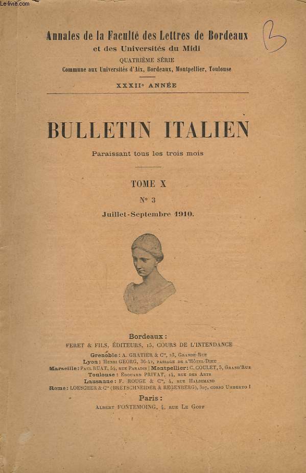 BULLETIN ITALIEN. TOME X N3, JUILLET- SEPTEMBRE 1910. POUR LE TEXTE DU 