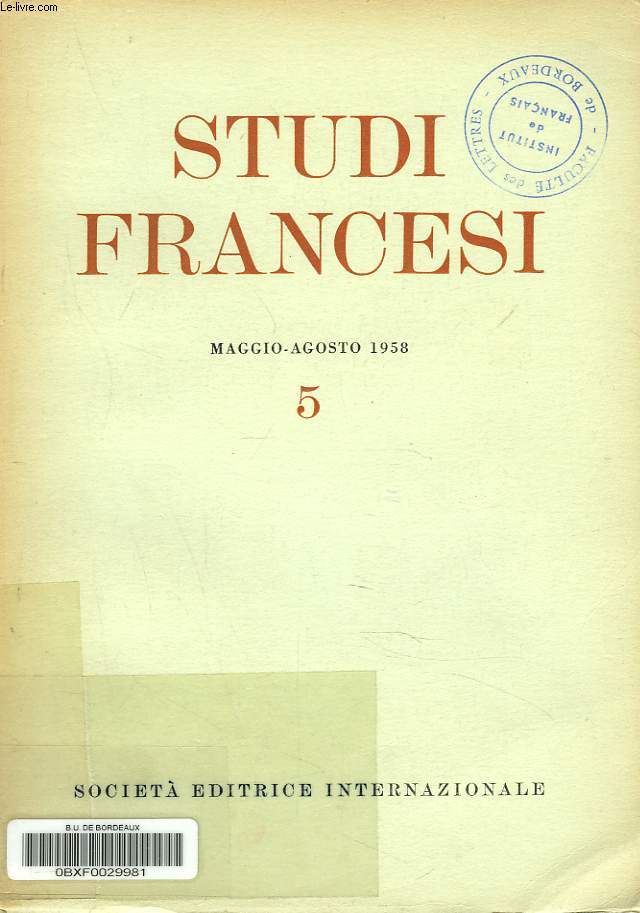 STUDI FRANCESI N5, GENNAIO-APRILE 1958. G.A. BRUNELLIUNA 