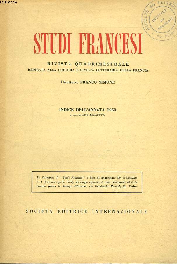 STUDI FRANCESI. INDICE DELL'ANNATA 1960.