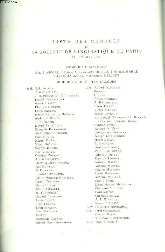 LISTE DES MEMBRES DE LA SOCIETE LINGUISTIQUE DE PARIS AU 1er MAI 1957.