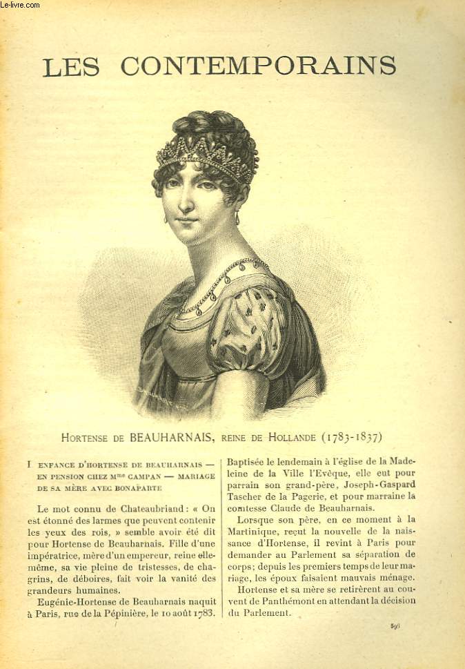 LES CONTEMPORAINS N596. HORTENSE DE BEAUHARNAIS, REINE DE HOLLANDE (1783-1837).