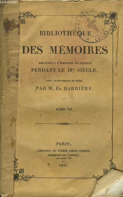 BIBLIOTHEQUE DES MEMOIRES relatifs  l'Histoire de France pendant le 18me sicle. TOME VII.
