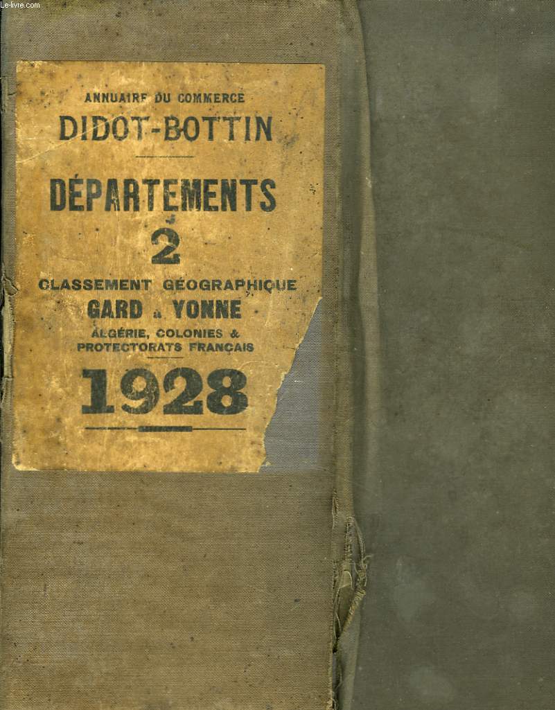 ANNUAIRE DU COMMERCE DIDOT-BOTTIN. 131e ANNEE, 1928. TOME II. GARD  YONNE. ALGERIE, COLONIES ET PROTECTORATS FRANCAIS (CLASSEMENT GEOGRAPHIQUE) AVIS, CALENDRIER, SOMMAIRE DES 5 VOLUMES, TABLE GEOGRAPHIQUE DES DEPARTEMENTS.