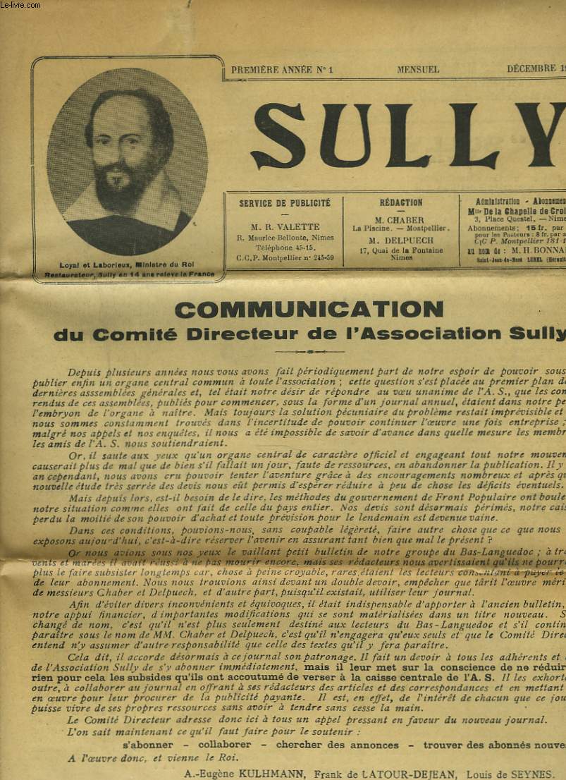 SULLY, MENSUEL N1, DECEMBRE 1937. COMMUNICATION DU COMITE DIRECTEUR DE L'ASSOCIATION SULLY. / INDIVIDUALISME ET REFORME/ MESSAGE ROYAL / UN MANIFESTE DE Mr LE DUC DE GUISE / ....