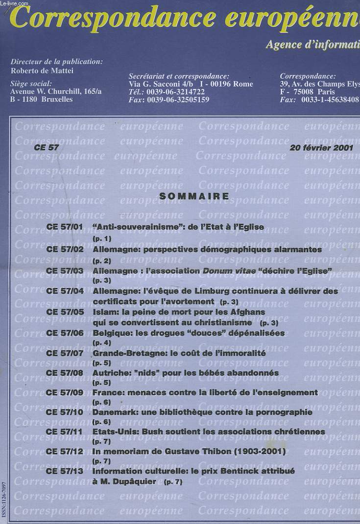 CORRESPONDANCE EUROPEENNE. AGENCE D'INFORMATION. CE 57, 20 FEV. 2001. 