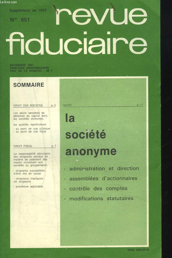 SUPPLEMENT AU 1820, N651 DE LA REVUE FIDUCIAIRE, DECEMBRE 1981. MA SOCIETE ANONYME. ADMINISTRATION ET DIRECTION / ASSEMBLEES D'ACTIONNAIRES/ CONTROLE DES COMPTES/ MODIFICATIONS STATUTAIRES.