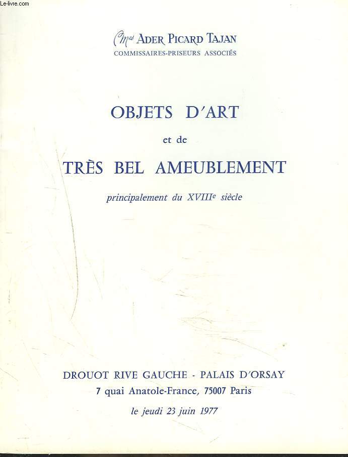 OBJETS D'ART ET DE TRES BEL AMEUBLEMENT, PRINCIPALEMENT DU XVIIIe SIECLE. LE 23 JUIN 1977.