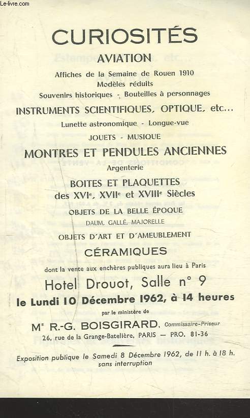 CURIOSITES. AVIATION. AFFICHES SEMAINE DE ROUEN 1910. MODELES REDUITS... INSTRUMENTS SCIENTIFIQUES ...MONTRES... VENTE LE 10 DECEMBRE 1962.